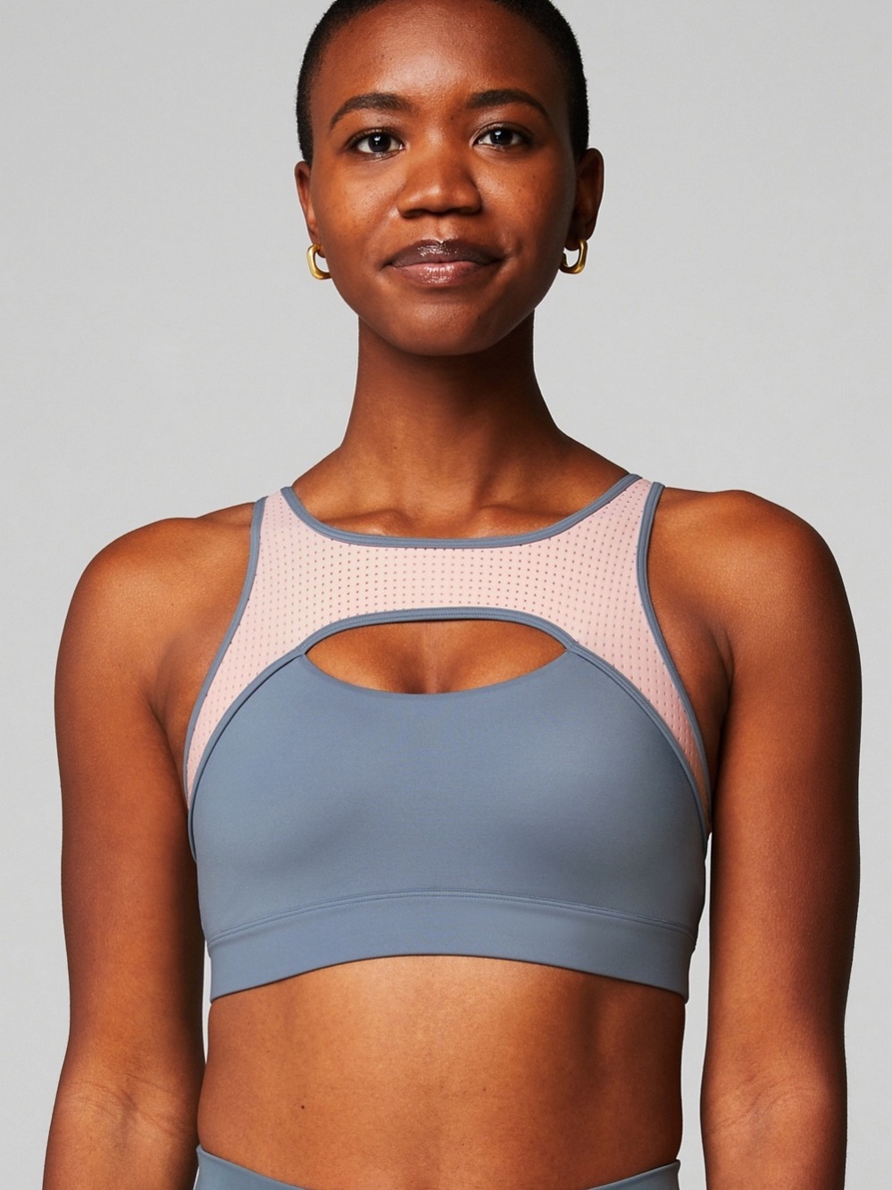 Fabletics Blue & Pink High-Neck Cutout Sports Bra